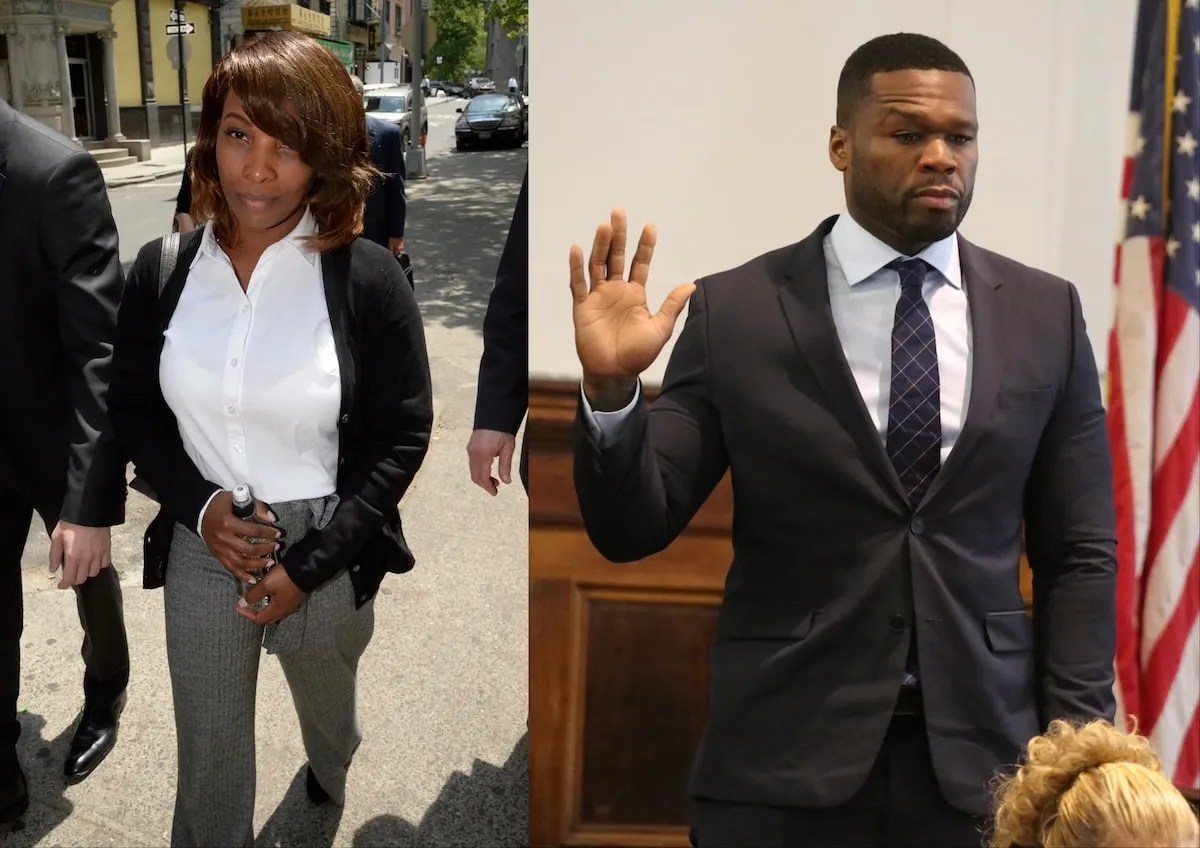 Side by side photos of Lastonia Leviston and 50 Cent at Manhattan Supreme Court in 2015