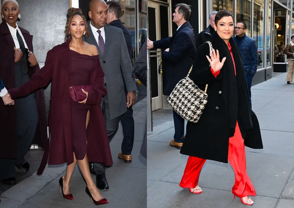 Harlem stars Meagan Good and Grace Byers wave at paparazzi as they exit the Empire State Building