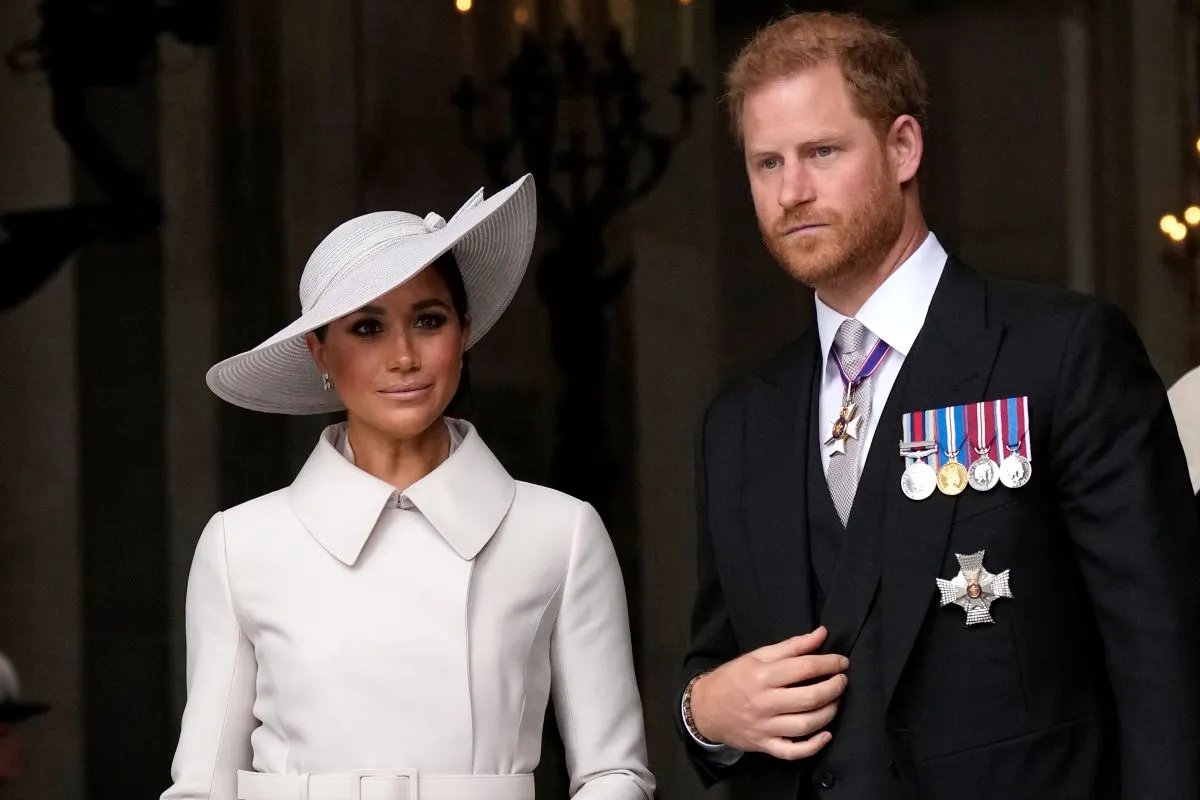 Meghan Markle and Prince Harry leave after a service of thanksgiving for the reign of Queen Elizabeth II at St. Paul's Cathedral in London