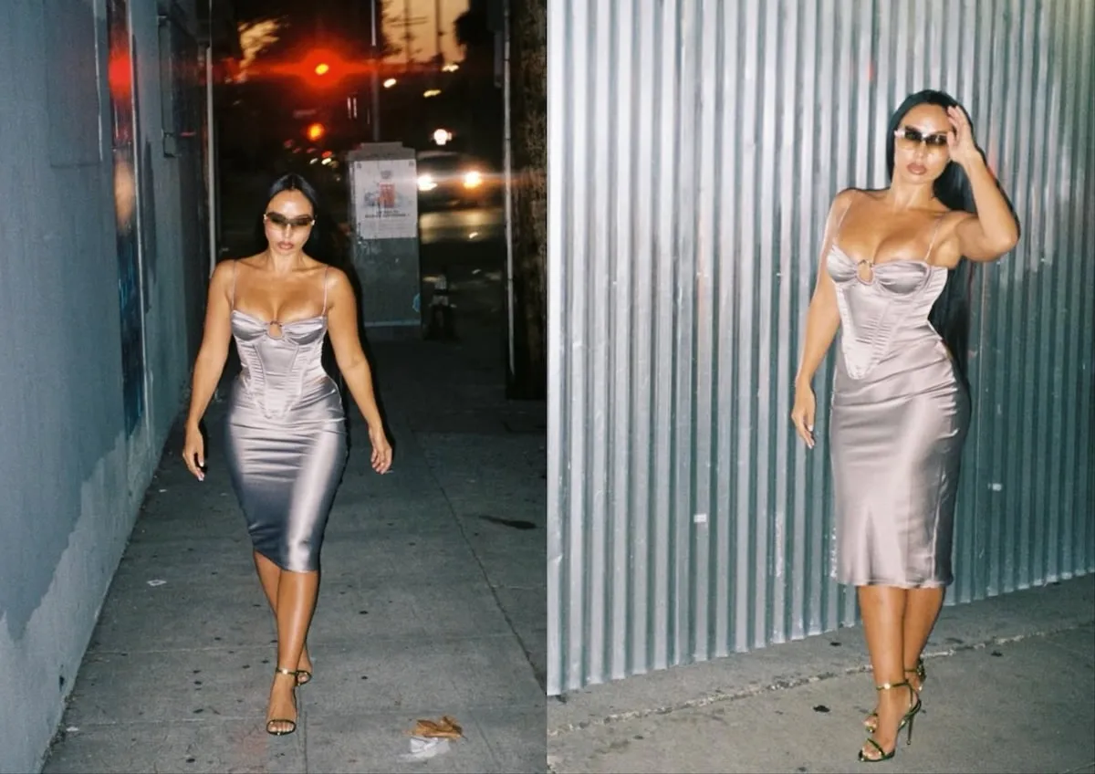 Two photos of model Kat pasion posing in a silk dress in an alleyway in 2023