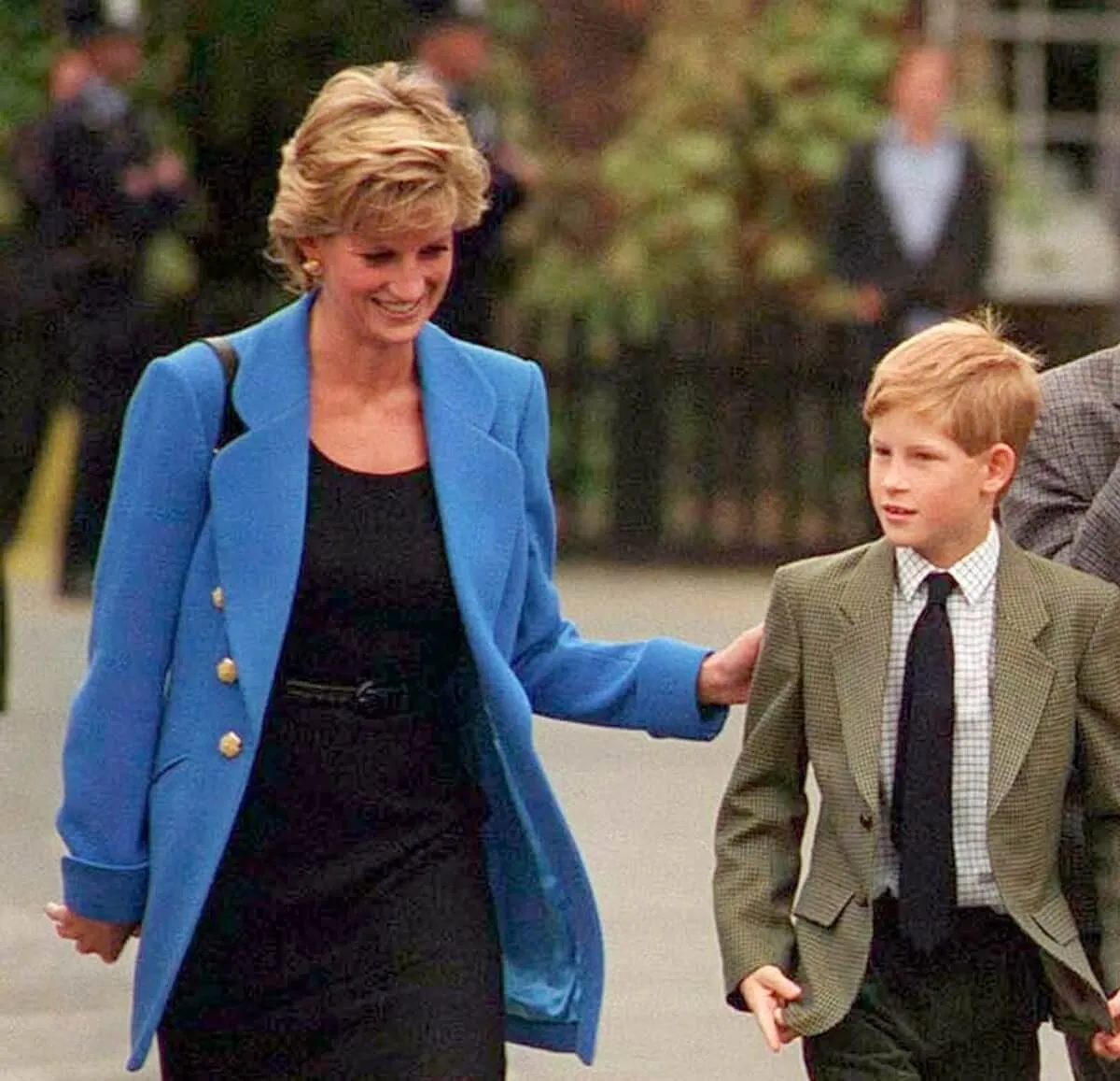 Princess Diana and Prince Harry photographed on the day Prince William joined Eton (circa 1995)