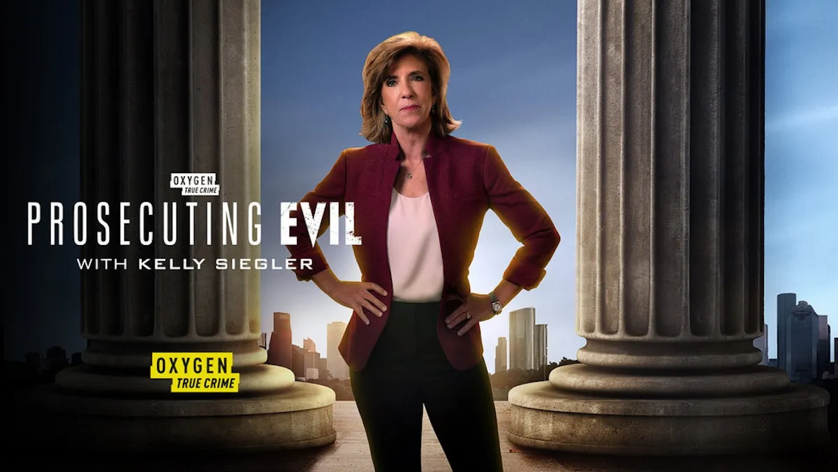 Kelly Siegler with her hands on her hips next to a logo for 'Prosecuting Evil with Kelly Siegler'