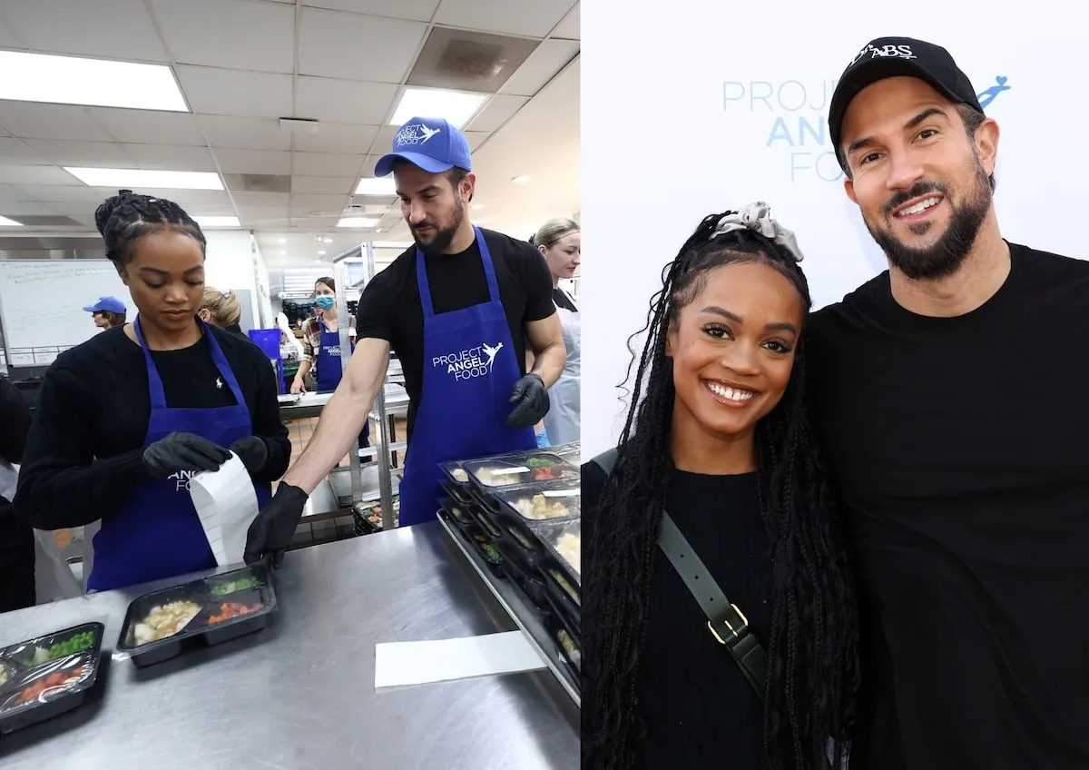 Wearing Project Angel Food aprons, Rachel Lindsay and Bryan Abasolo volunteer at the nonprofit's Thanksgiving on November 23, 2023