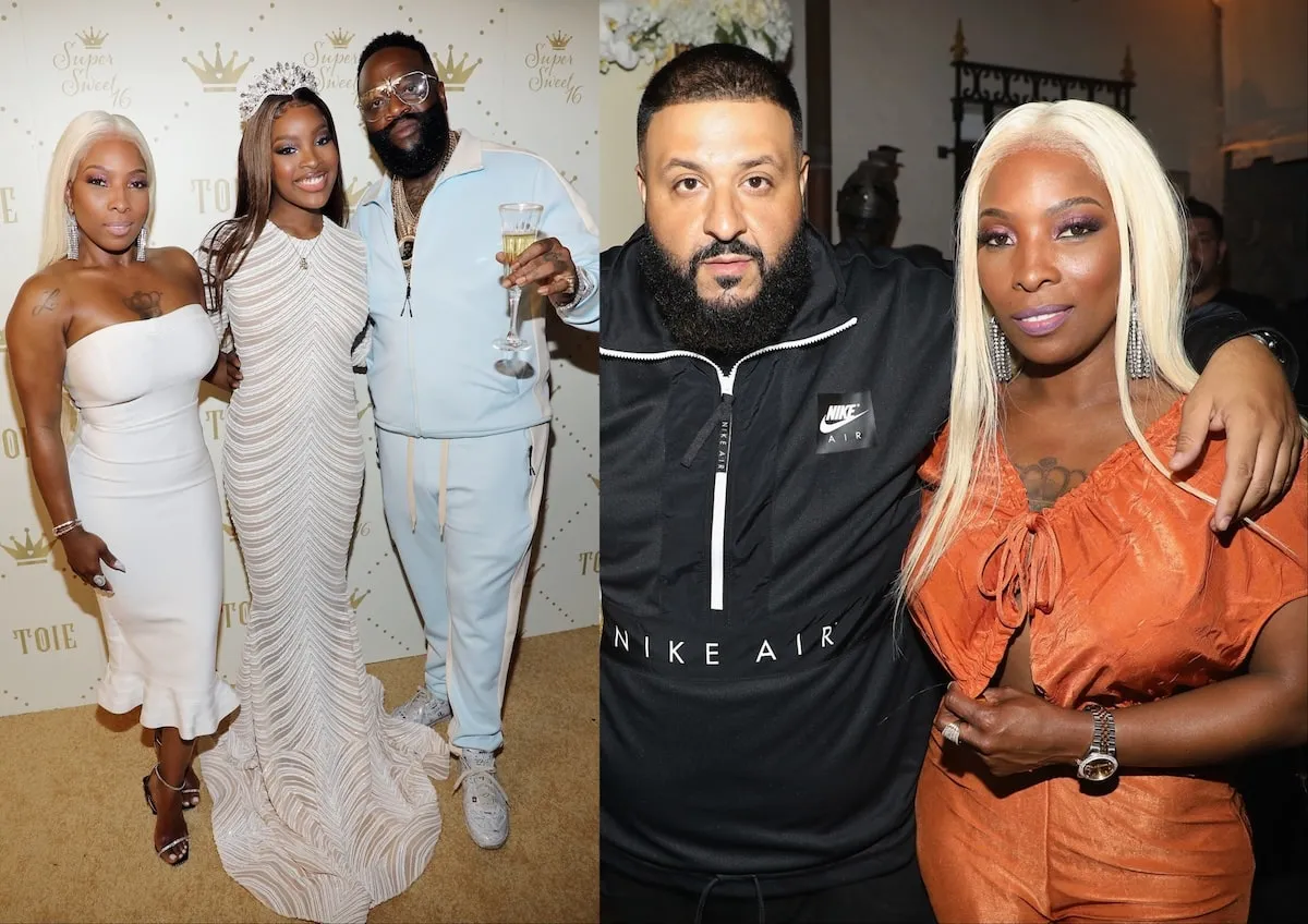 Side by side photos of Lastonia Leviston with her daughter, Rick Ross, and DJ Khaled in 2018