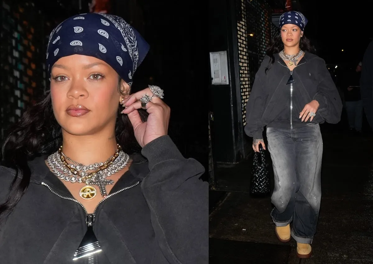 Wearing a gray jacket and lots of diamonds, Rihanna walks an NYC street before New Year's Eve 2024