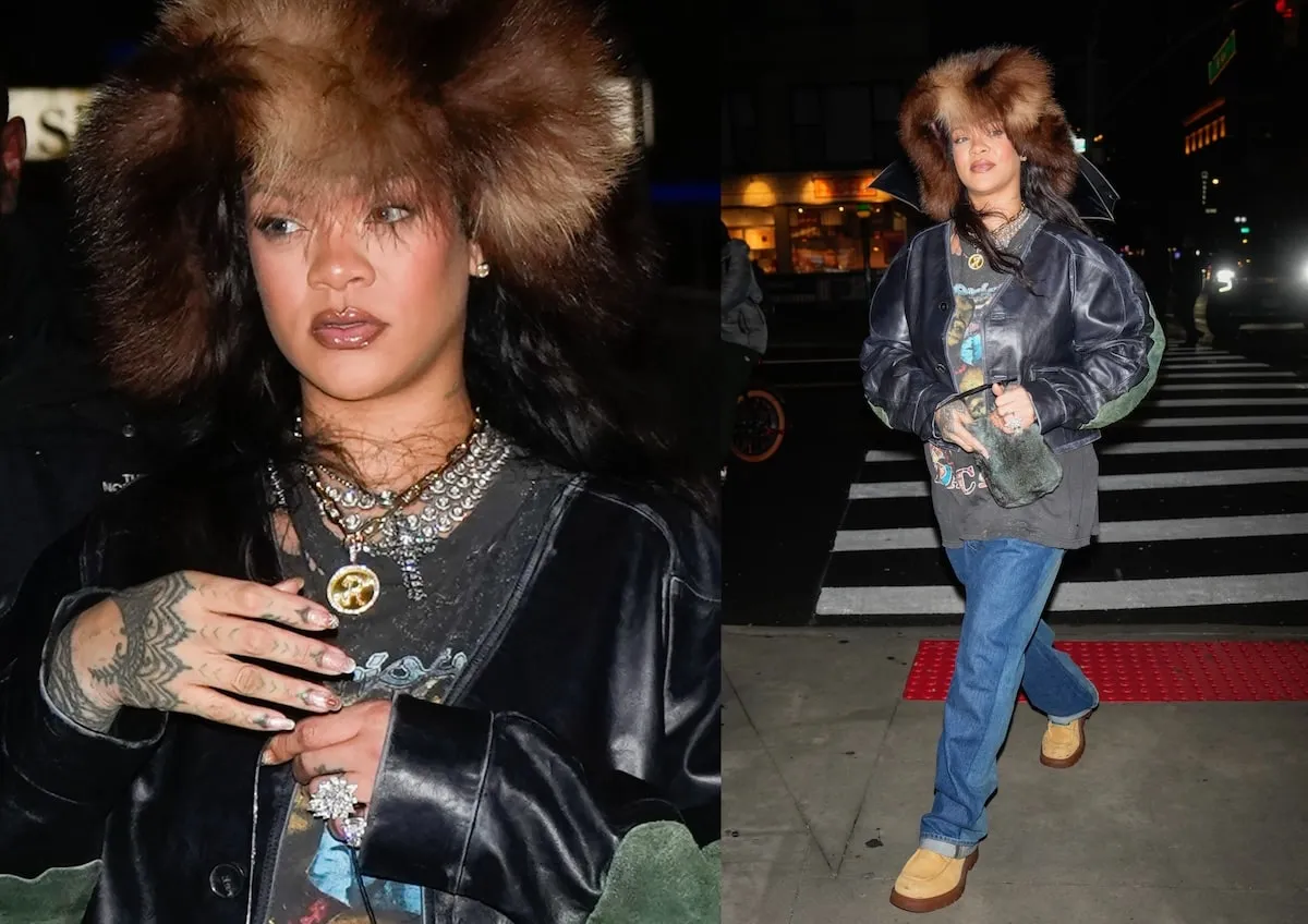 Wearing a leather jacket and fur hat, Rihanna walks to Target in NYC