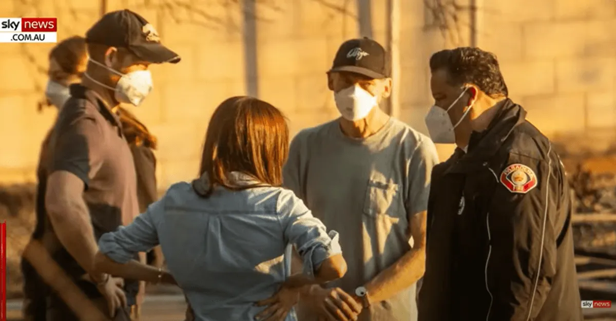 Screenshot of Prince Harry and Meghan Markle touring damage and meeting LA fire victims via Sky News Australia YouTube channel