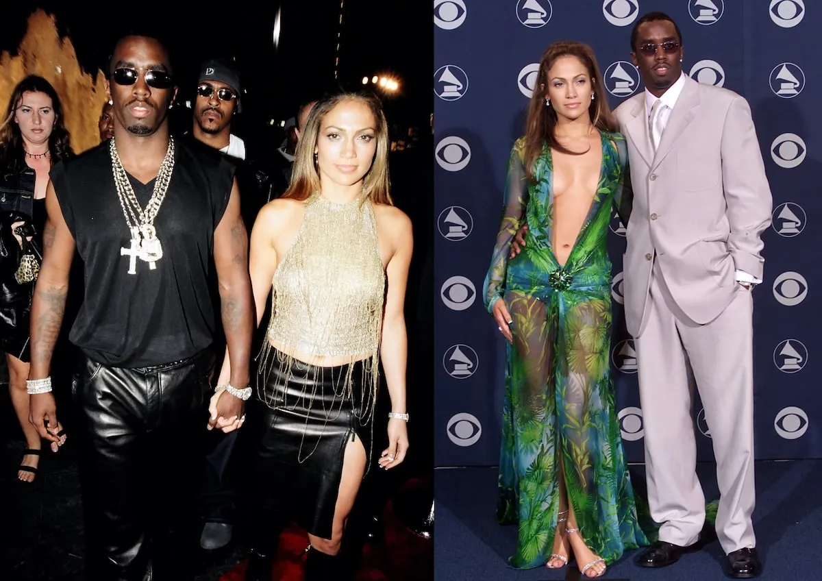 Two photos of Sean Diddy Combs and Jennifer Lopez at awards shows in 1999 and 2000