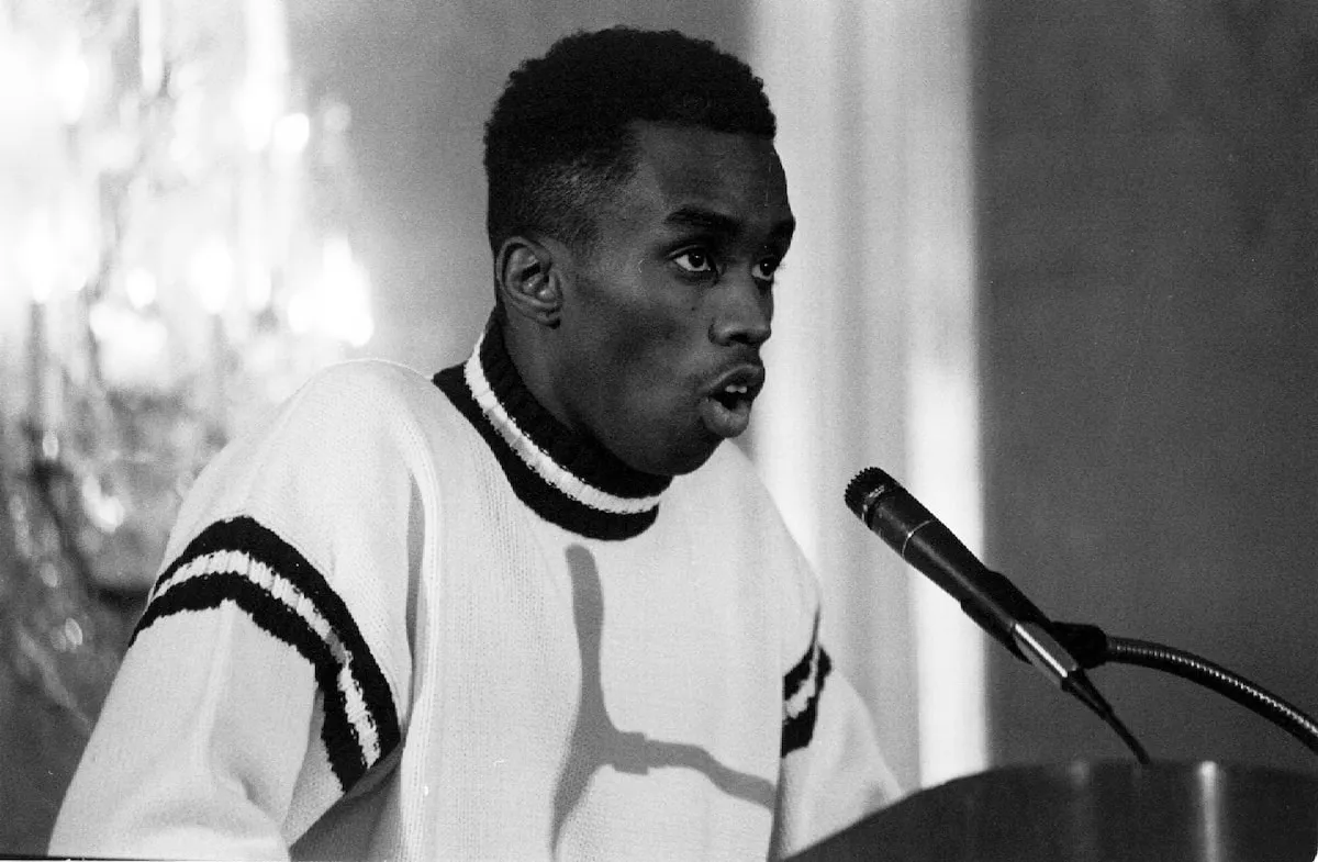 Rapper Sean "Diddy" Combs speaks during a press conference on January 2, 1992, following a deadly stampede during a concert at the City College of New York