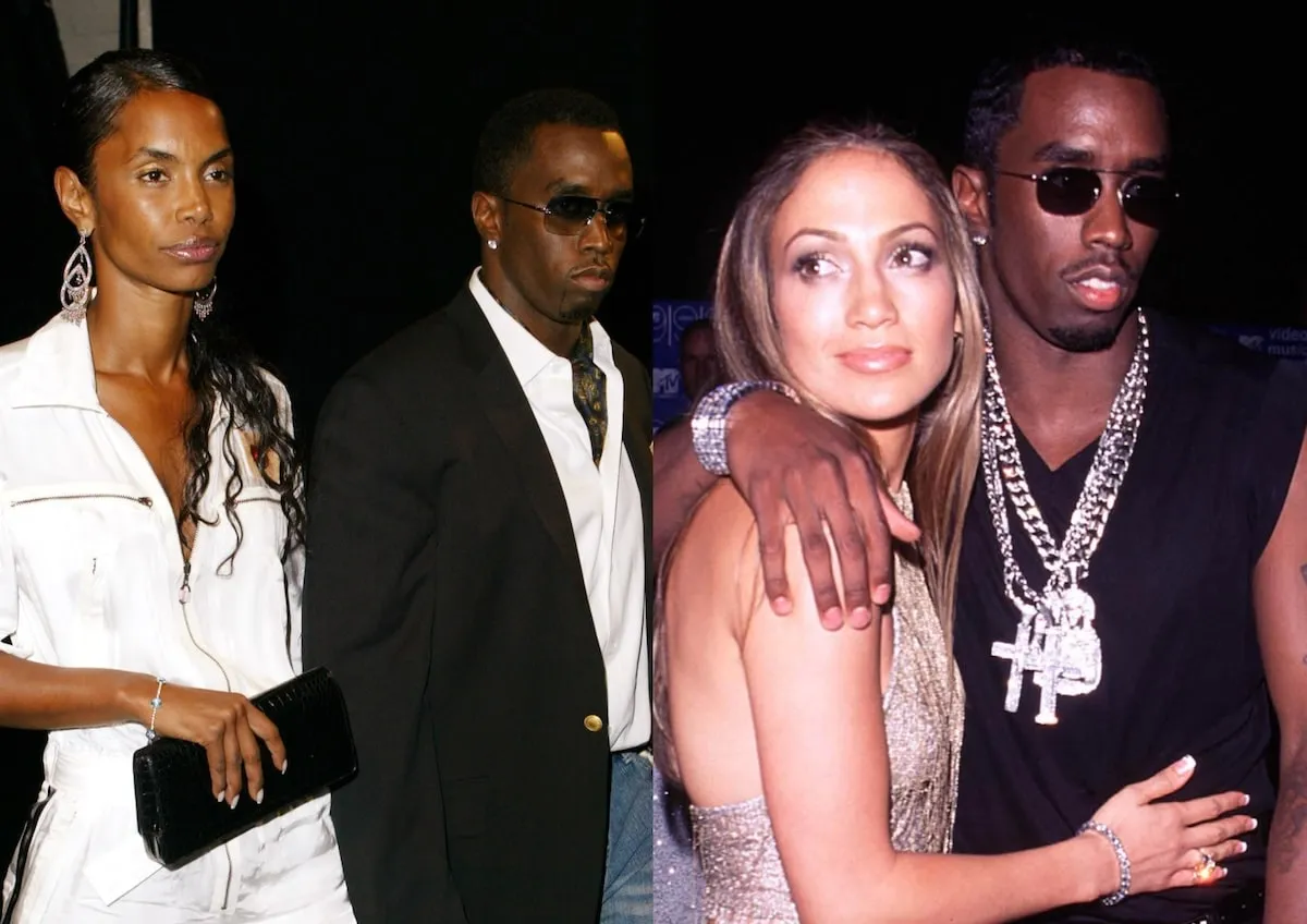 Side by side photos of Kim Porter and Sean 'Diddy' Combs in 2004 and Combs and Jennifer Lopez in 1999