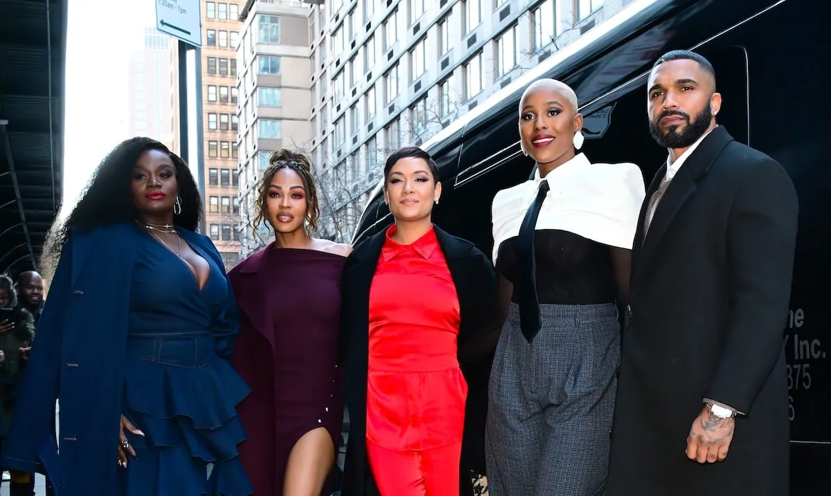 Standing on the sidewalk in NYC, Shoniqua Shandai, Meagan Good, Grace Byers, Jerrie Johnson, and Tyler Lepley pose for a photo together after taping 'Sherri'