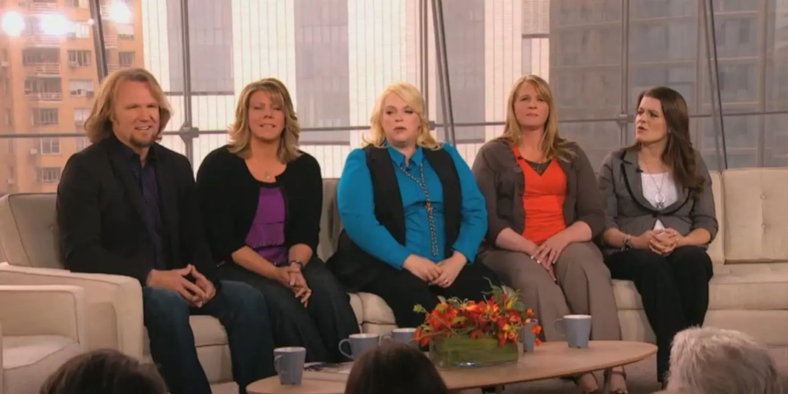 'Sister Wives' stars Kody, Meri, Janelle, Christine and Robyn Brown appear on the 'Anderson' show in 2011.