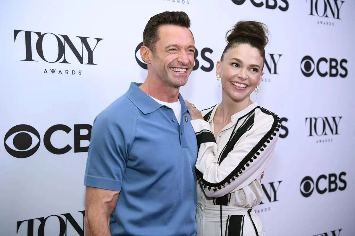 Hugh Jackman and Sutton Foster attend the 75th Annual Tony Awards Meet The Nominees Press Event .