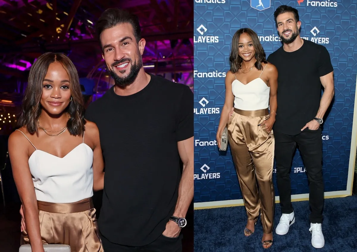 Wearing a white top and brown pants, Rachel Lindsay stands with Bryan Abasolo on the red carpet at a 2022 media event