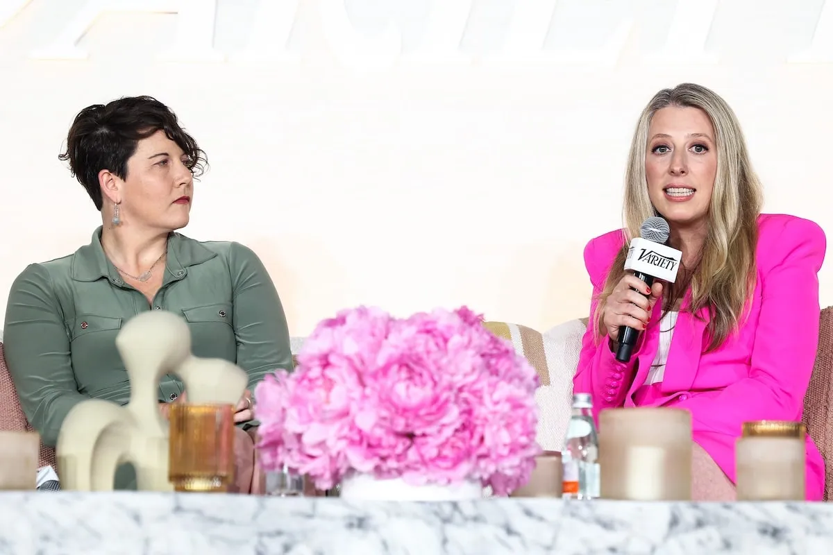 Maxine Productions' Emma Schwartz and Mary Robertson speak onstage during a Q&A about the Quiet on the Set documentary in 2024