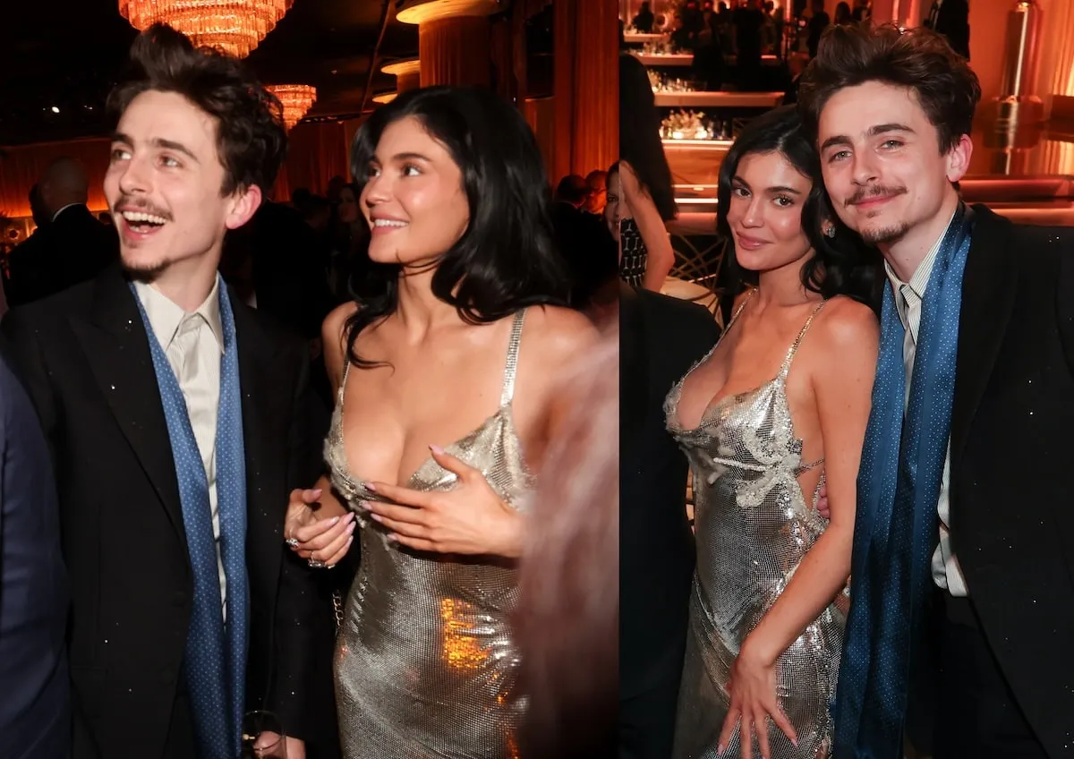 Wearing a silver dress, Kylie Jenner poses with Timothée Chalamet during a break in the Golden Globes Awards