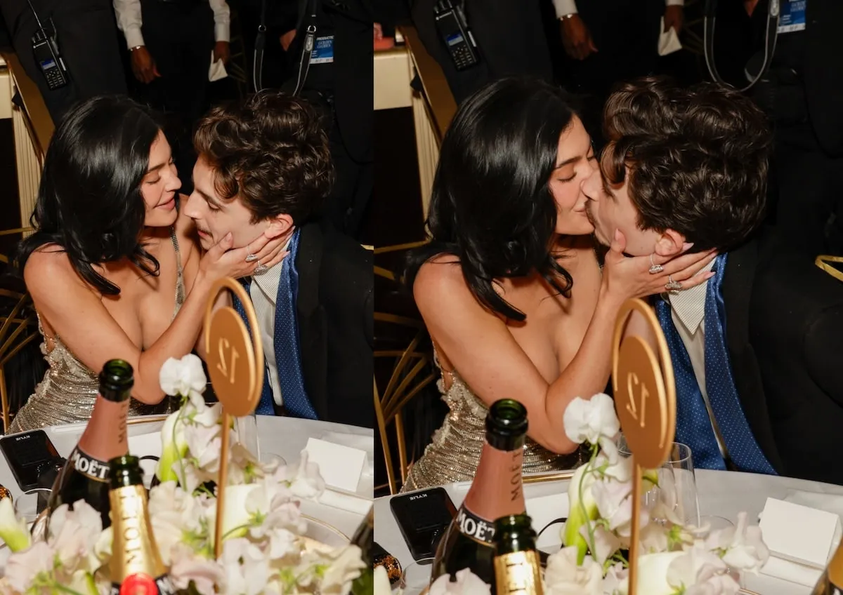 Sitting at their 2025 Golden Globes table, Timothée Chalamet and Kylie Jenner kiss