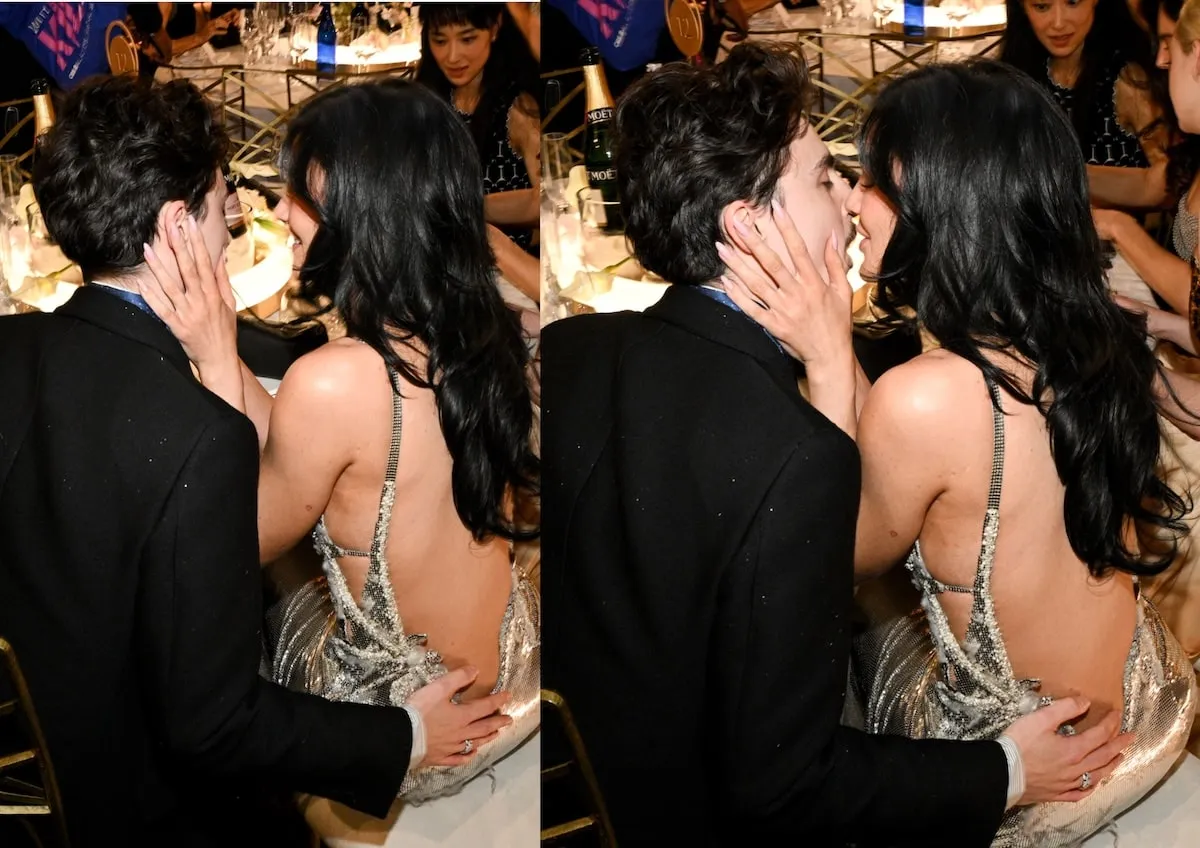 Sitting at their 2025 Golden Globes table, Timothée Chalamet and Kylie Jenner kiss