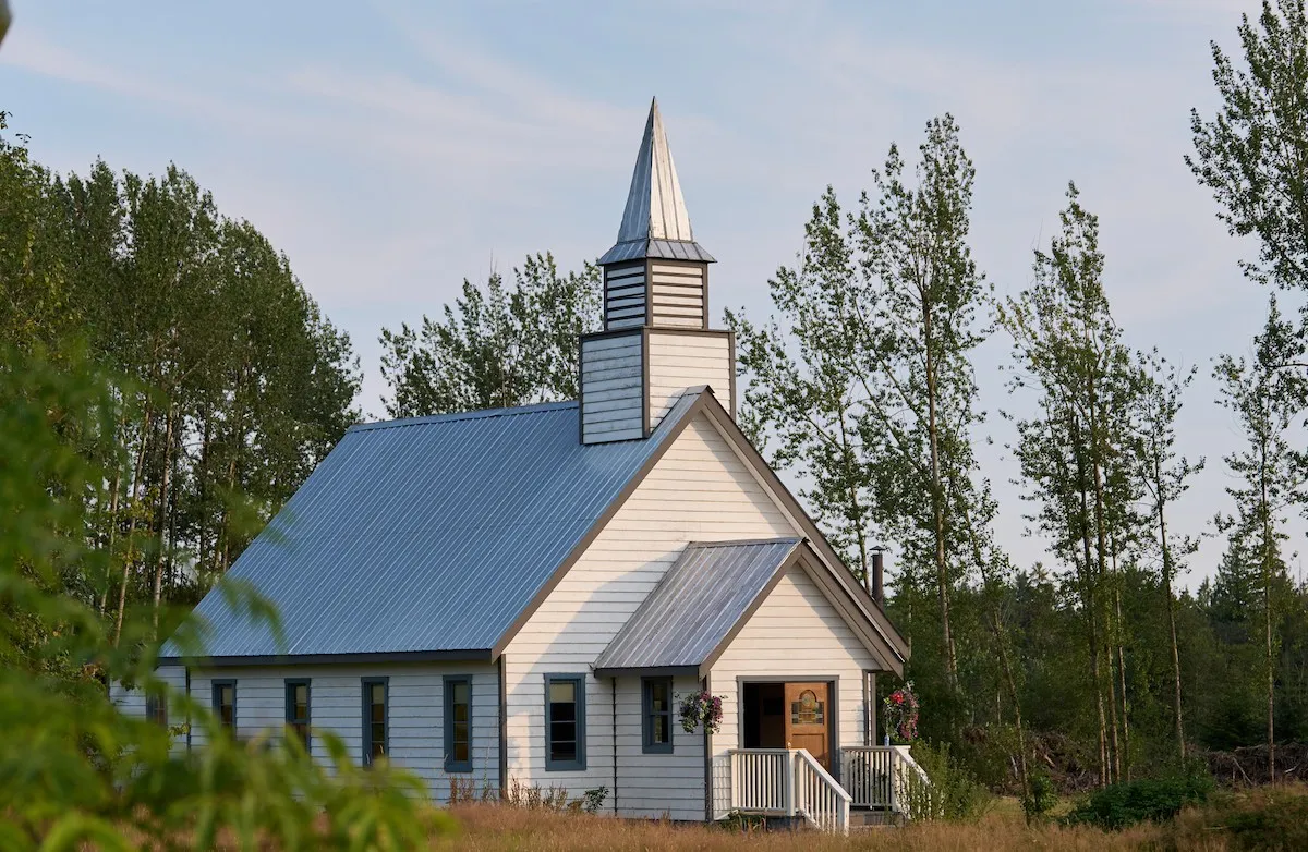 An old-fashioned white church/school in 'When Calls the Heart'