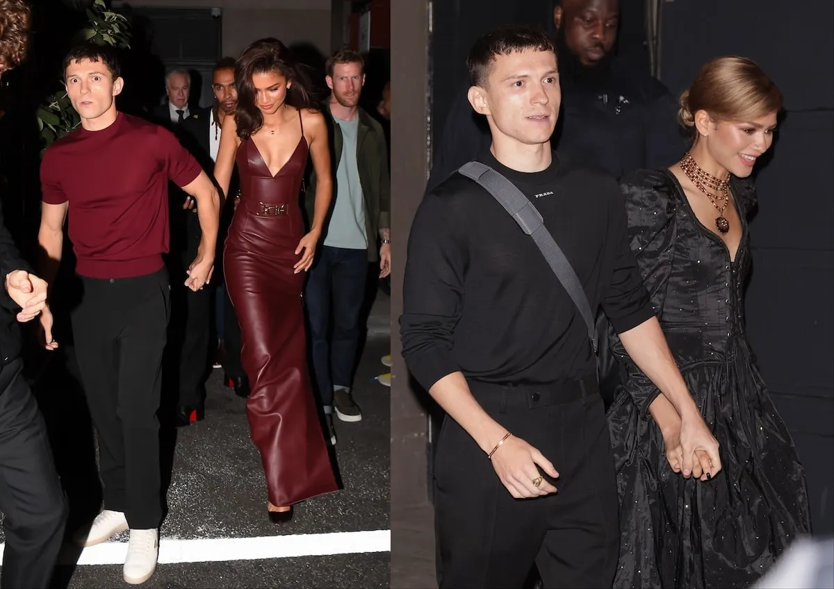 Side by side photos of Tom Holland and Zendaya getting photographed by the paparazzi as they leave restaurants