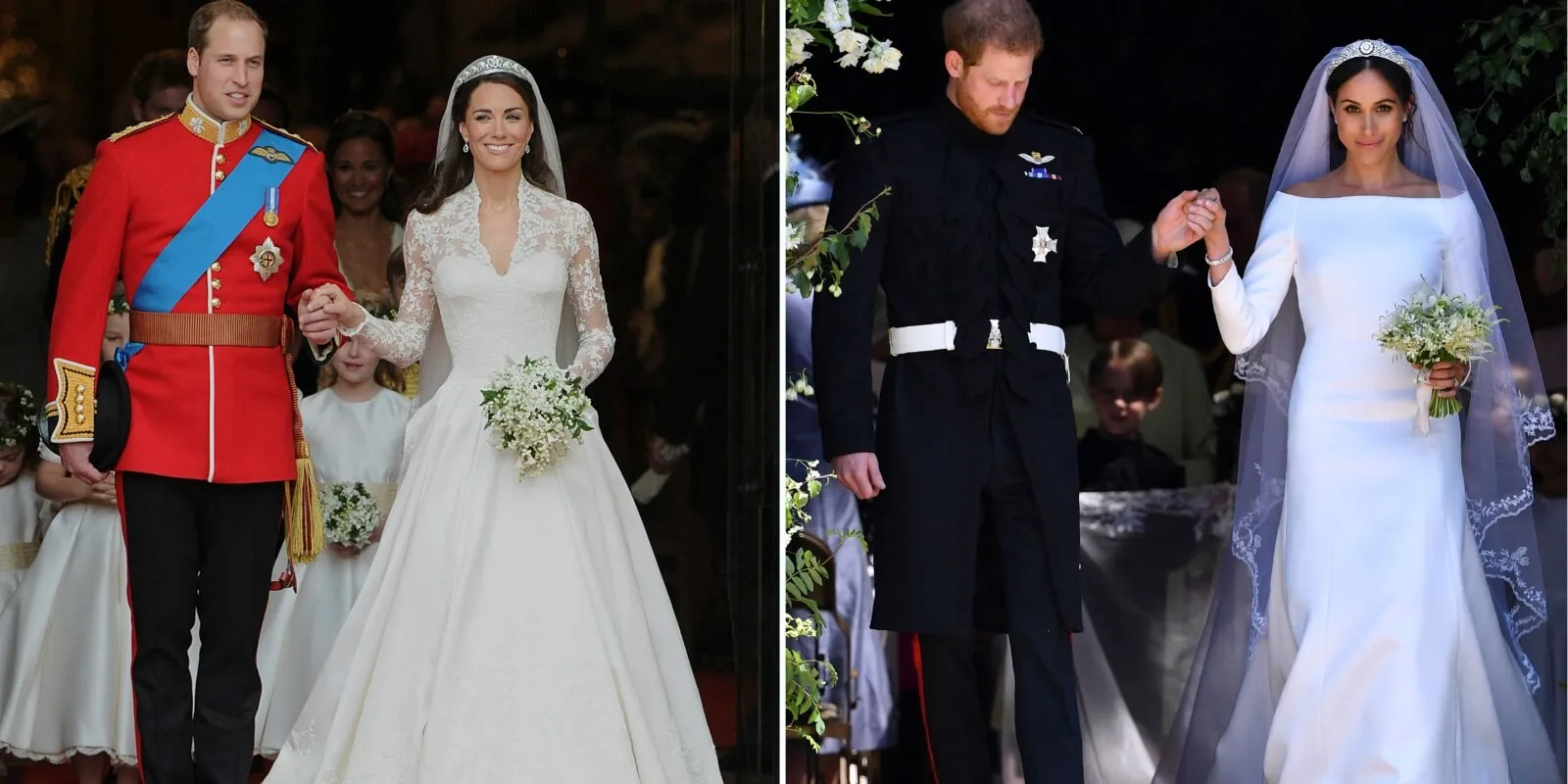 Side-by-side photos Prince William, Kate Middleton, Prince Harry, Meghan Markle weddings