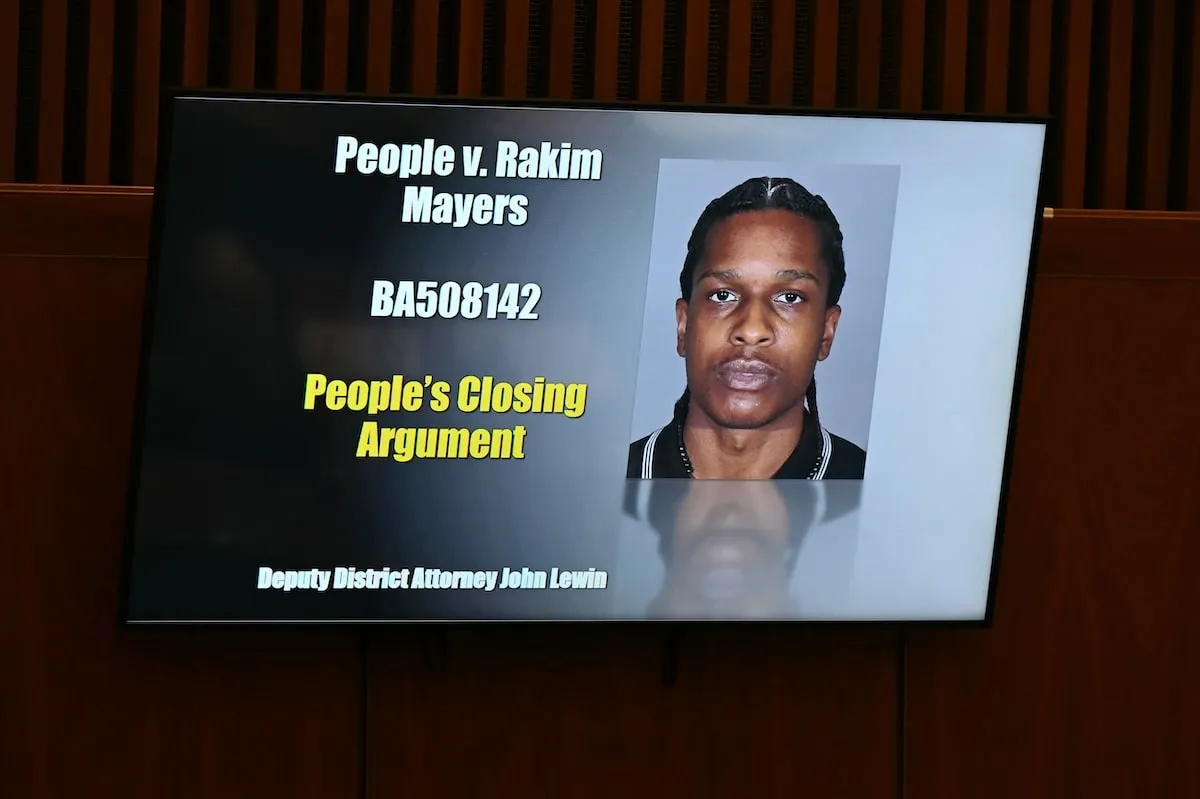 An image of Rakim Mayers, aka A$AP Rocky, is displayed on a screen in the courtroom as he appears in court during his felony assault trial