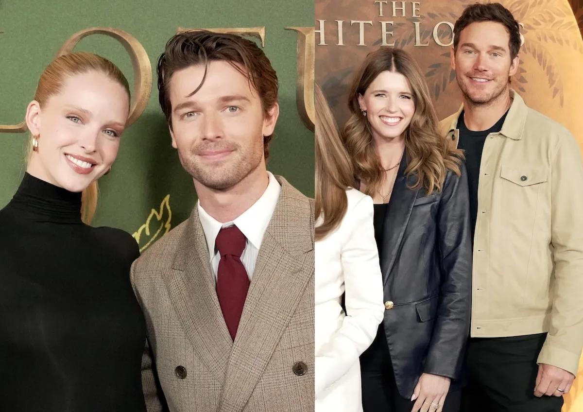 Side by side photos of Patrick Schwarzenegger and Abby Champion, and Katherine Schwarzenegger Pratt and Chris Pratt at the world premiere of 'The White Lotus' Season 3