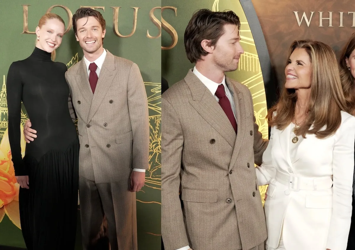 Side by side photos of Patrick Schwarzenegger and Abby Champion, and Patrick Schwarzenegger and Maria Shriver at the world premiere of 'The White Lotus' Season 3