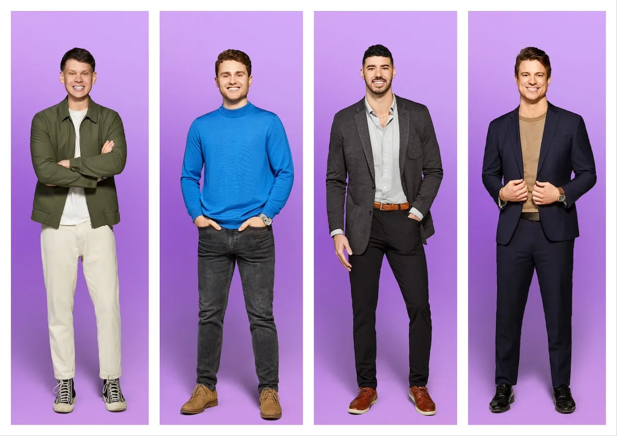 Four men from 'Love Is Blind' Season 8 on purple background