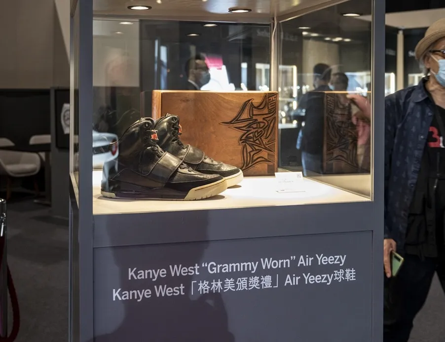 Kanye West's Nike Air Yeezy 1 sneaker for sale with a price tag of USD$ 2 million at world's largest brokers modern collectibles Sotheby's show in Hong Kong on April 16, 2021