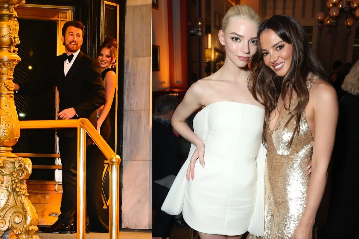 Side by side photos of Miles Teller and his wife entering 30 Rock next to Anya Taylor-Joy posing with his wife at the afterparty