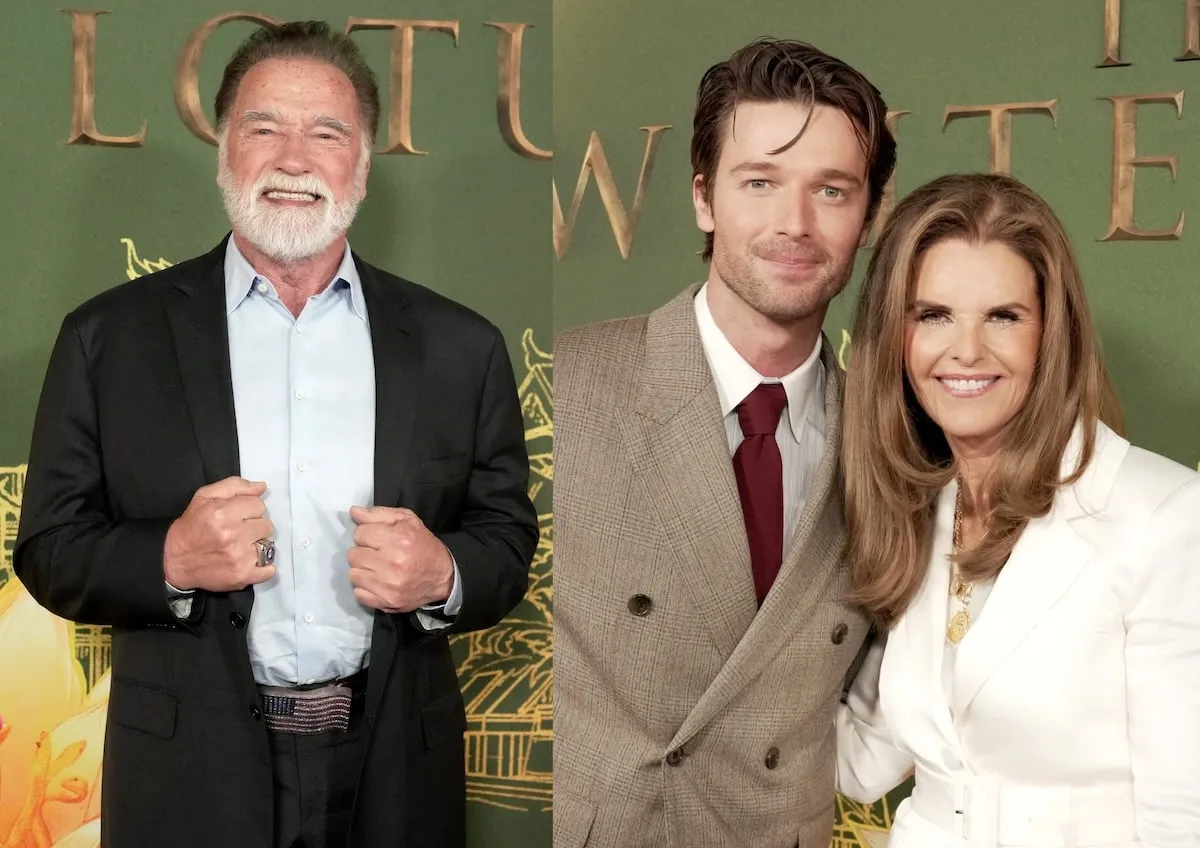 Side by side photos of Arnold Schwarzenegger, Patrick Schwarzenegger, and Maria Shriver at the world premiere of 'The White Lotus' Season 3