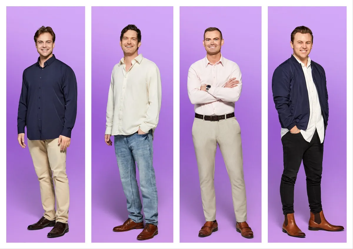 Four men from 'Love Is Blind' Season 8 on purple background