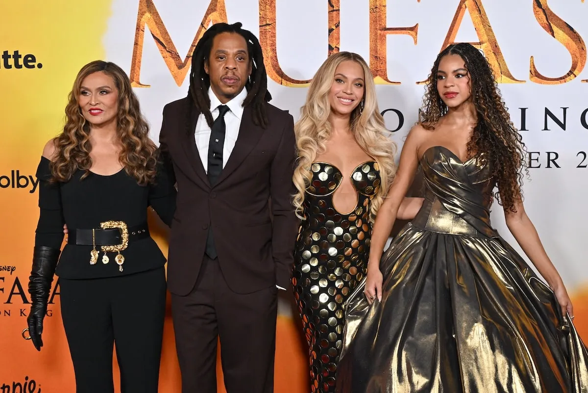 Smiling arm in arm, Tina Knowles, Jay-Z, Beyonce, and Blue Ivy Carter pose for photos at the world premiere of Disney's 'Mufasa: The Lion King'