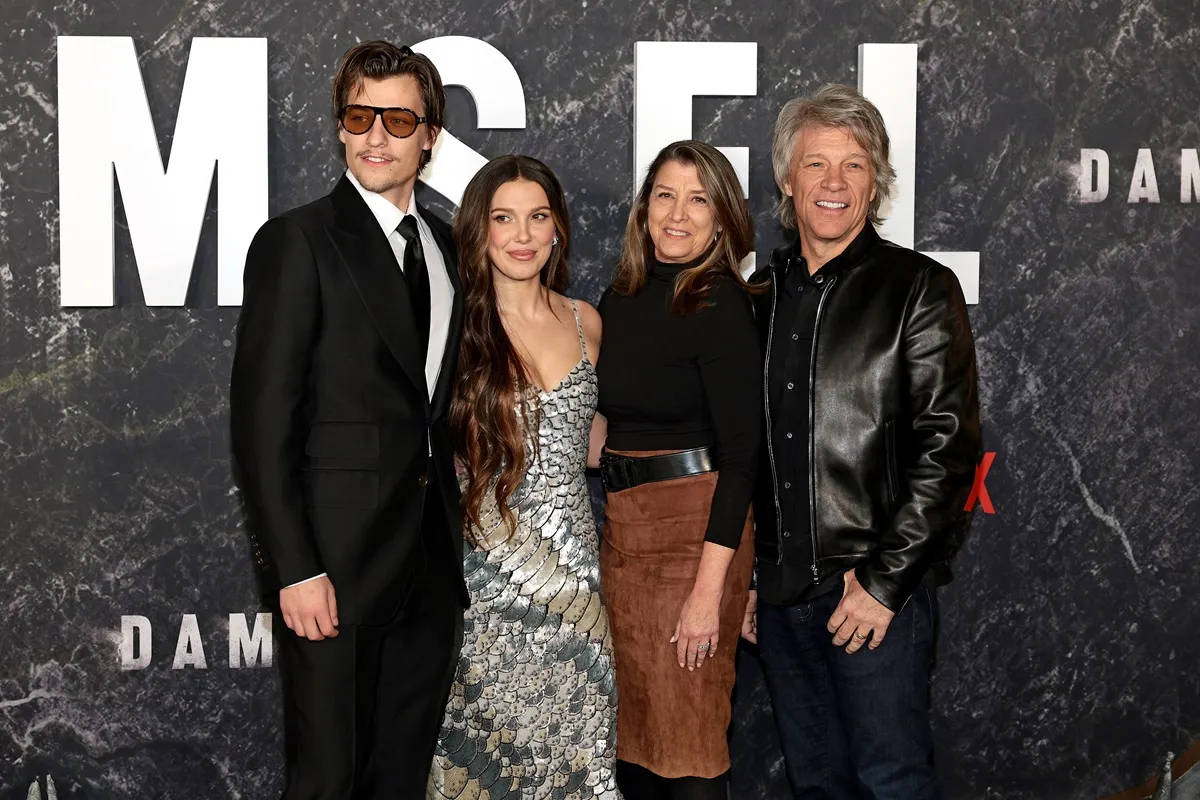 Jake Bongiovi, Millie Bobby Brown, Dorothea Hurley, and Jon Bon Jovi attend the Damsel World Premiere at The Plaza on March 01, 2024 in New York City.