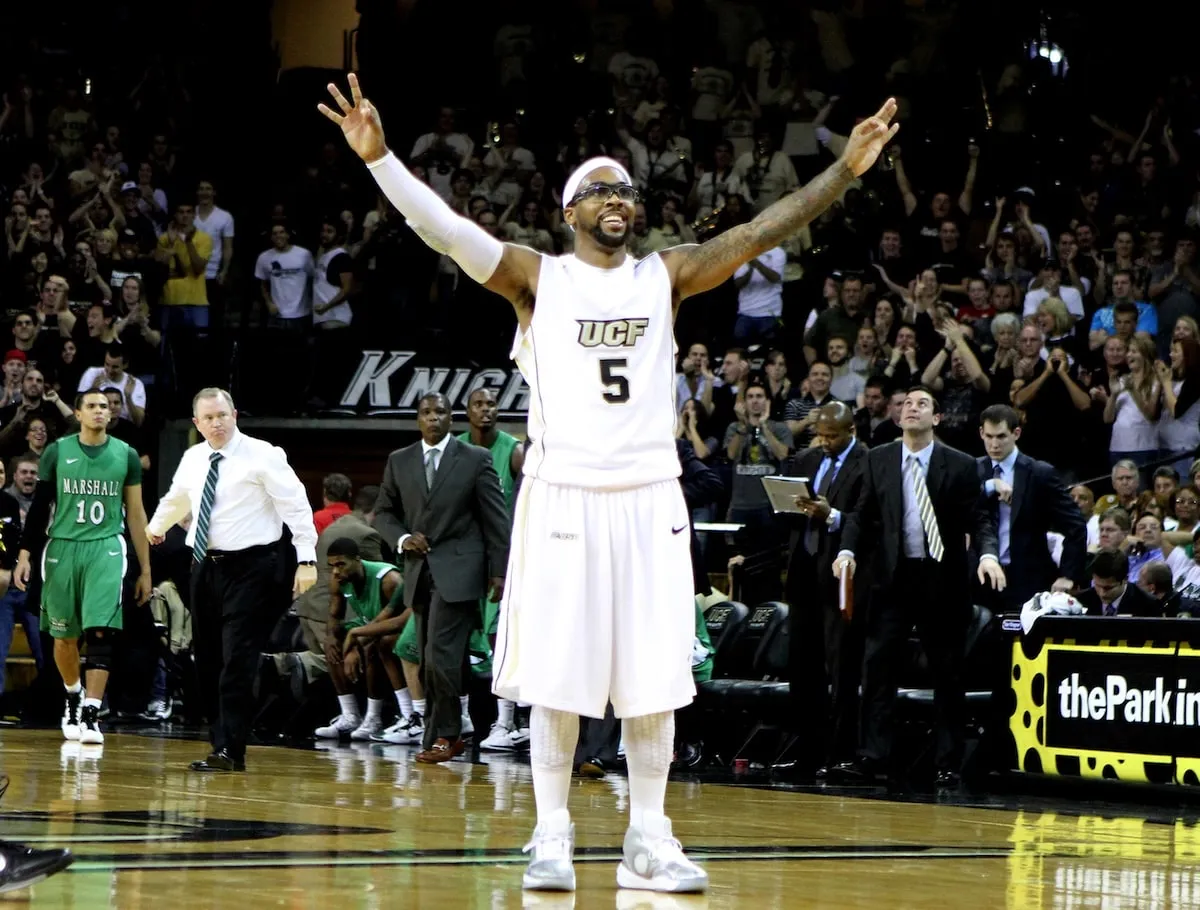 Central Florida guard Marcus Jordan celebrates a 65-58 victory over Marshall in an NCAA basketball game on January 5, 2011