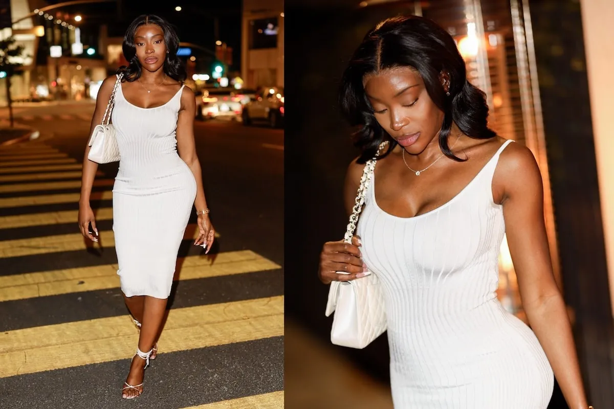 Wearing a white dress, Chelsea Lazkani arrives at the Chez Mia restaurant in West Hollywood