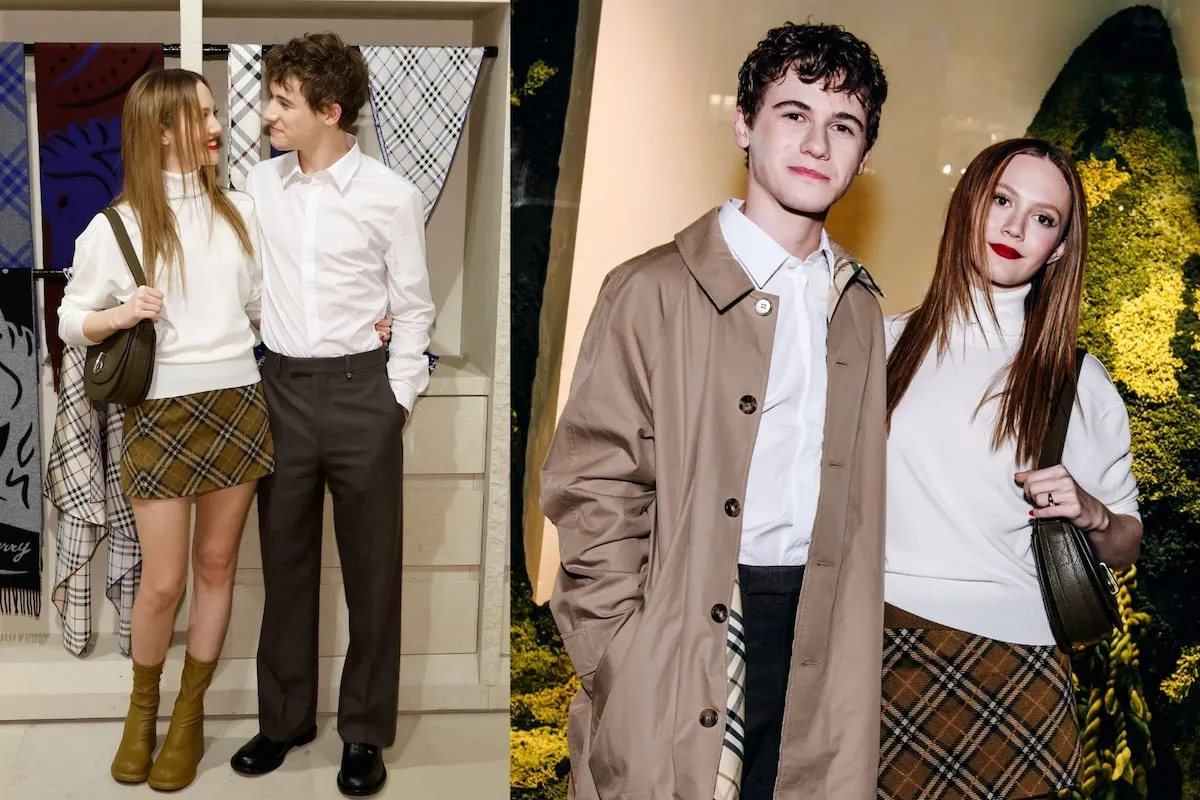 Dating couple Iris Apatow and Sam Nivola wear Burberry as they pause for photos at the Burberry 57th Street Store reopening