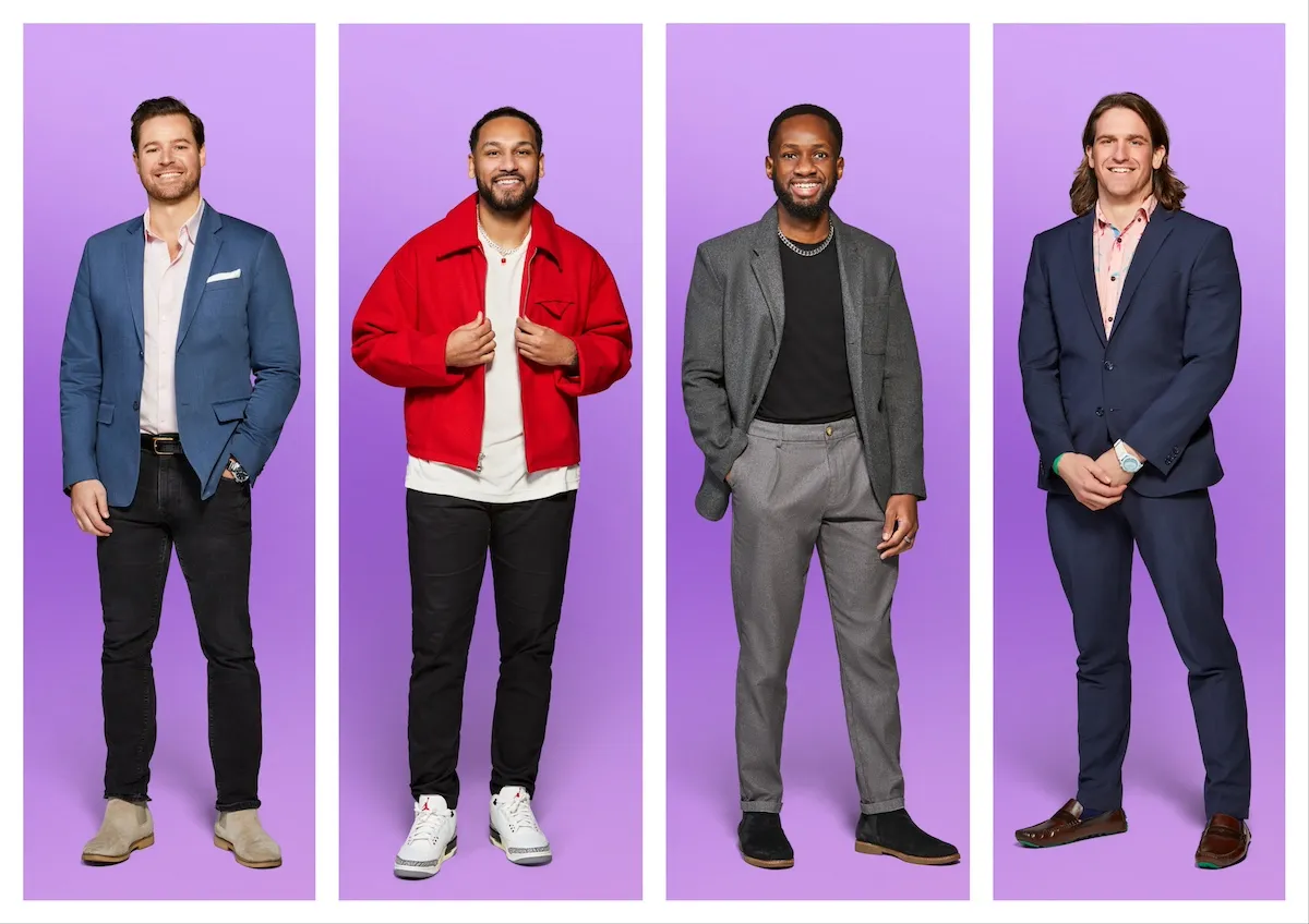 Four men from 'Love Is Blind' Season 8 on purple background