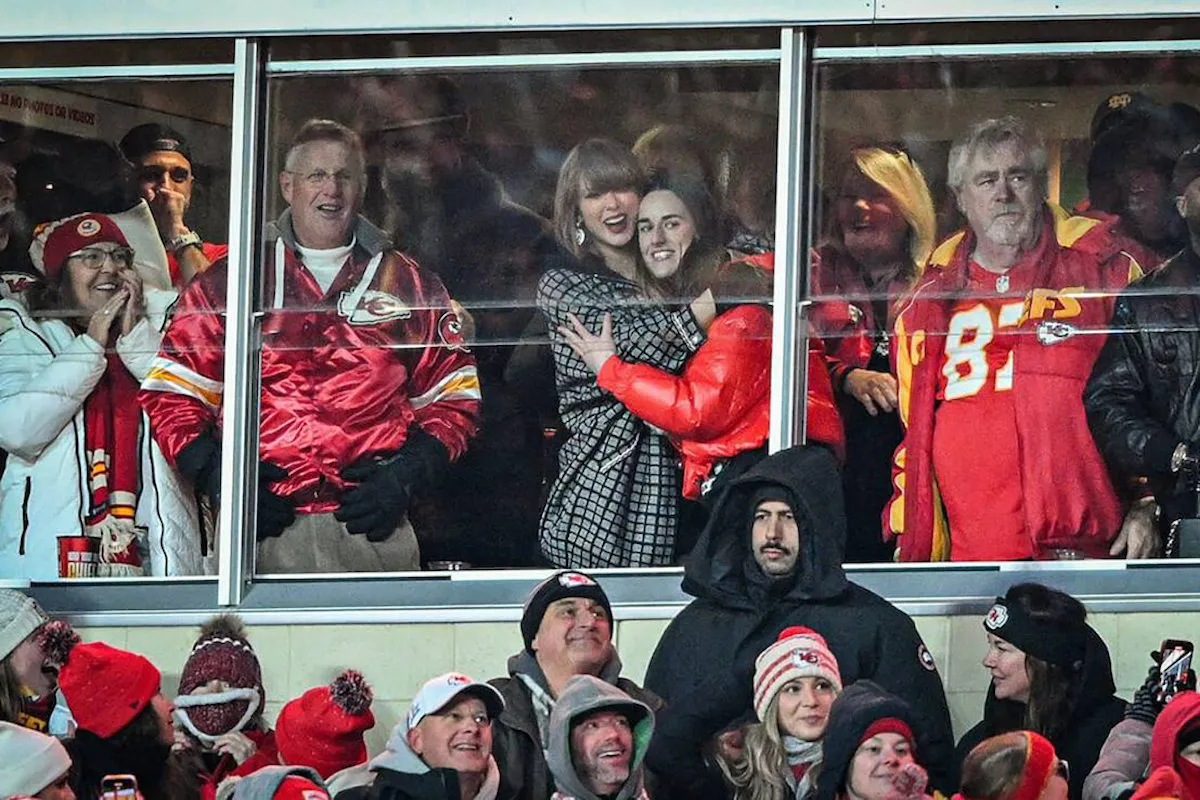 Donna Kelce, Scott Swift, Taylor Swift, Caitlin Clark, Andrea Swift, and Ed Kelce at a Kansas City Chiefs game