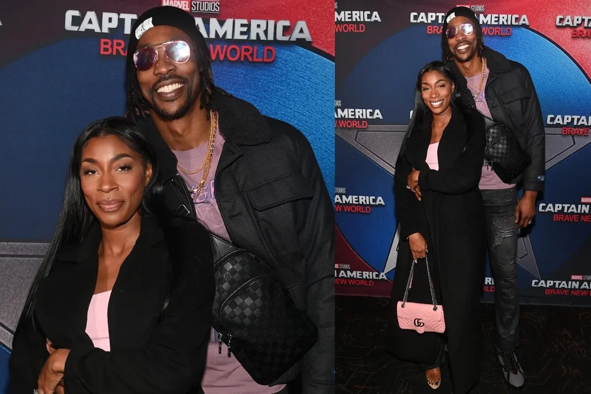 Wearing matching black jackets and pink tops, Dwight Howard and Amy Luciani take photos together on the red carpet before a movie screening