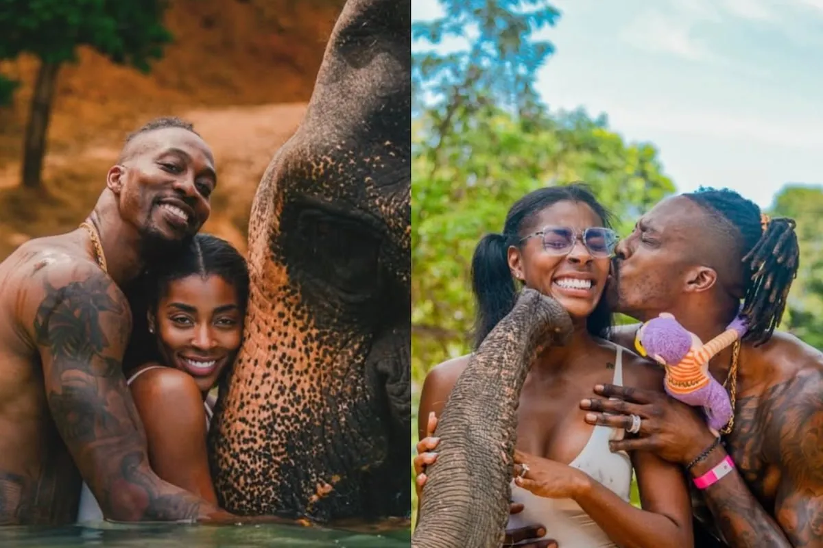 Side by side photos of Amy Luciani and Dwight Howard playing with an elephant in a pool in Thailand