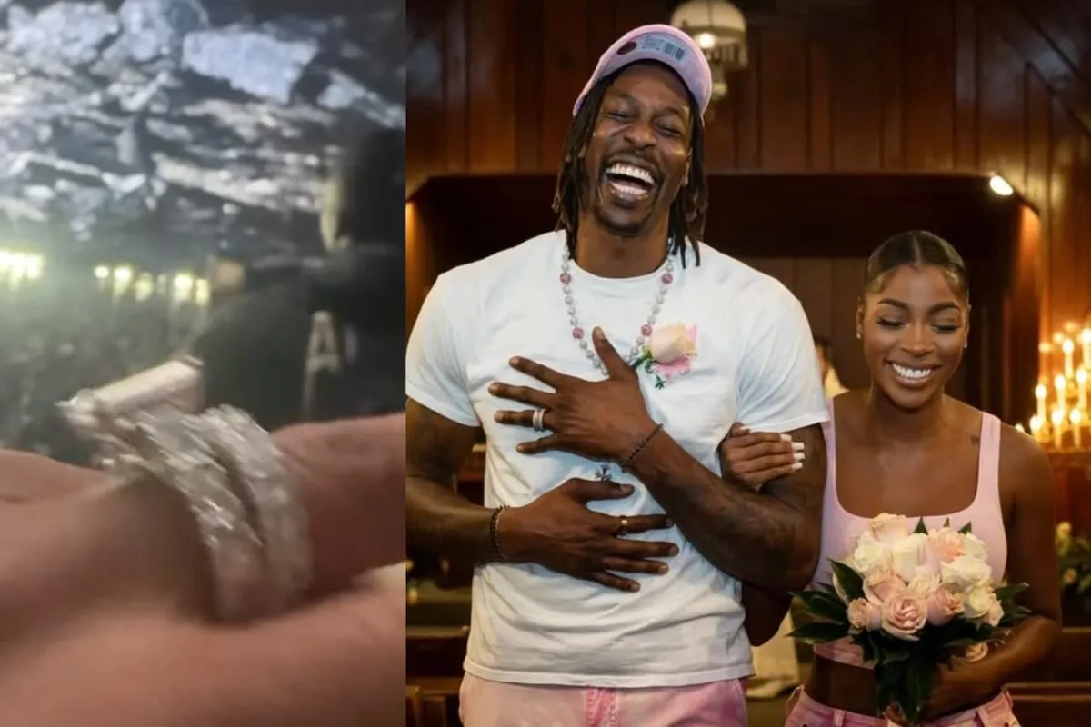 Side by side photos of Amy Luciani's engagement ring and wedding band, and Amy and Dwight Howard walking down a wedding chapel aisle together