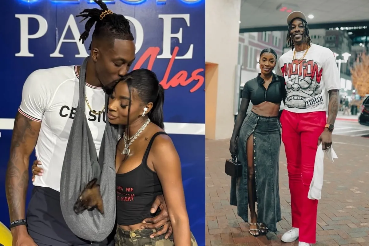 Side by side photos of Dwight Howard and Amy Luciani with their new puppy and before a movie screening