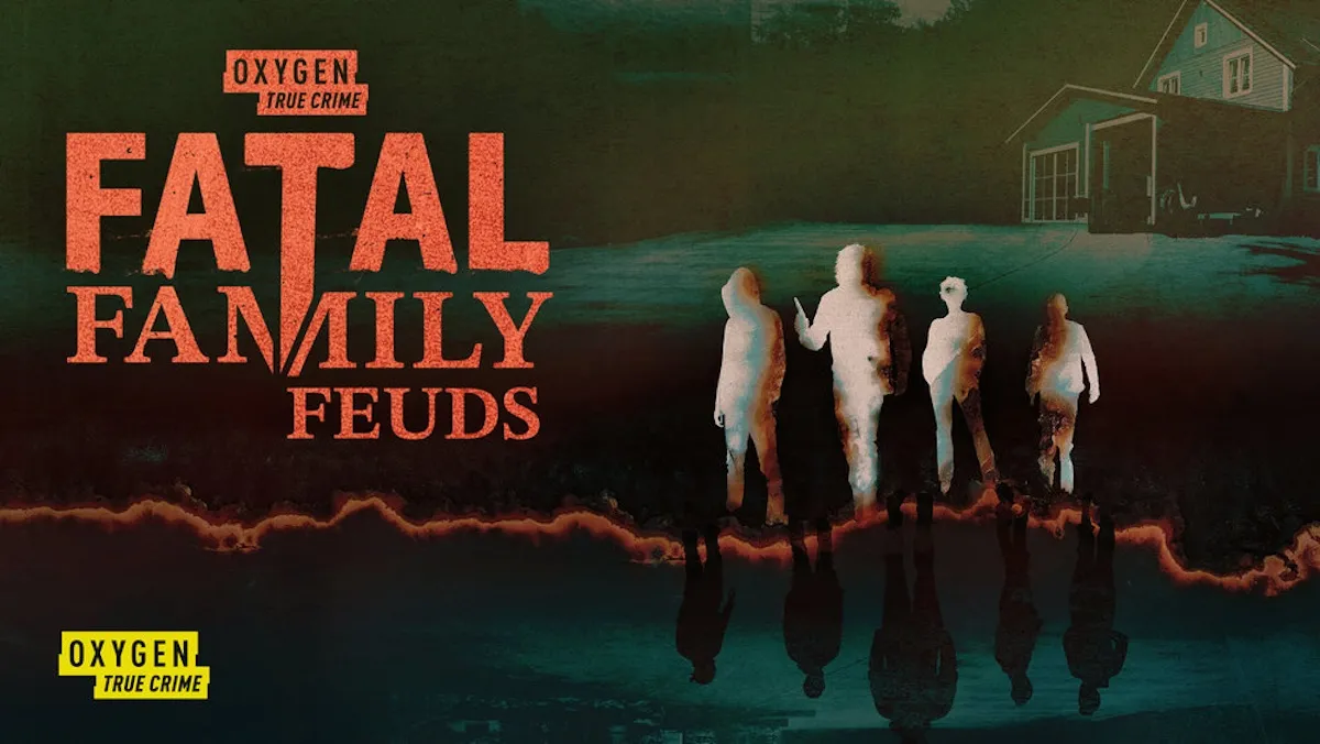 Key art for the Oxygen True Crime series 'Fatal Family Feuds' featuring silhouetted figures on a dark background