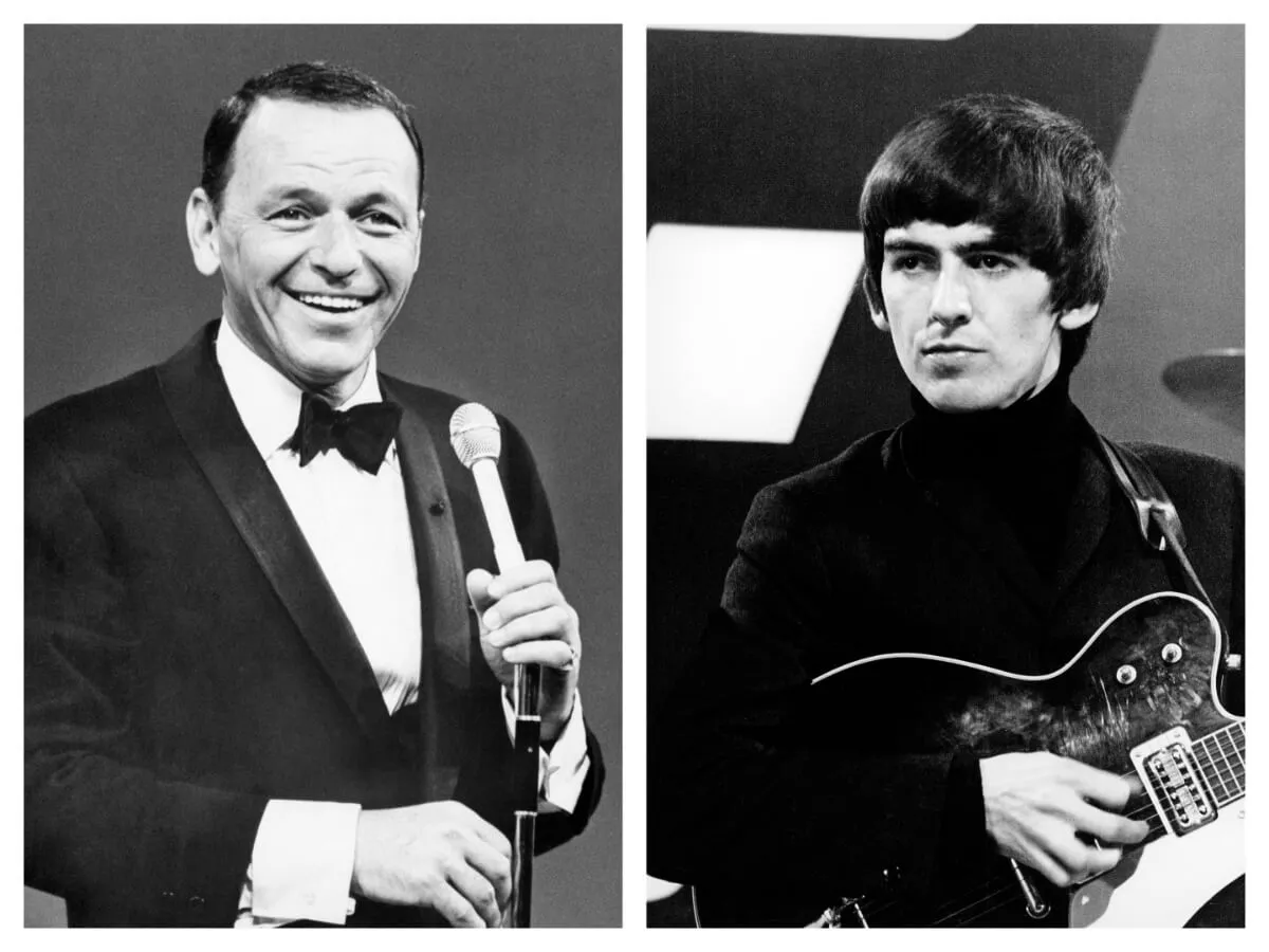 A black and white picture of Frank Sinatra wearing a a tuxedo and holding a microphone. George Harrison wears a turtleneck and holds a guitar.