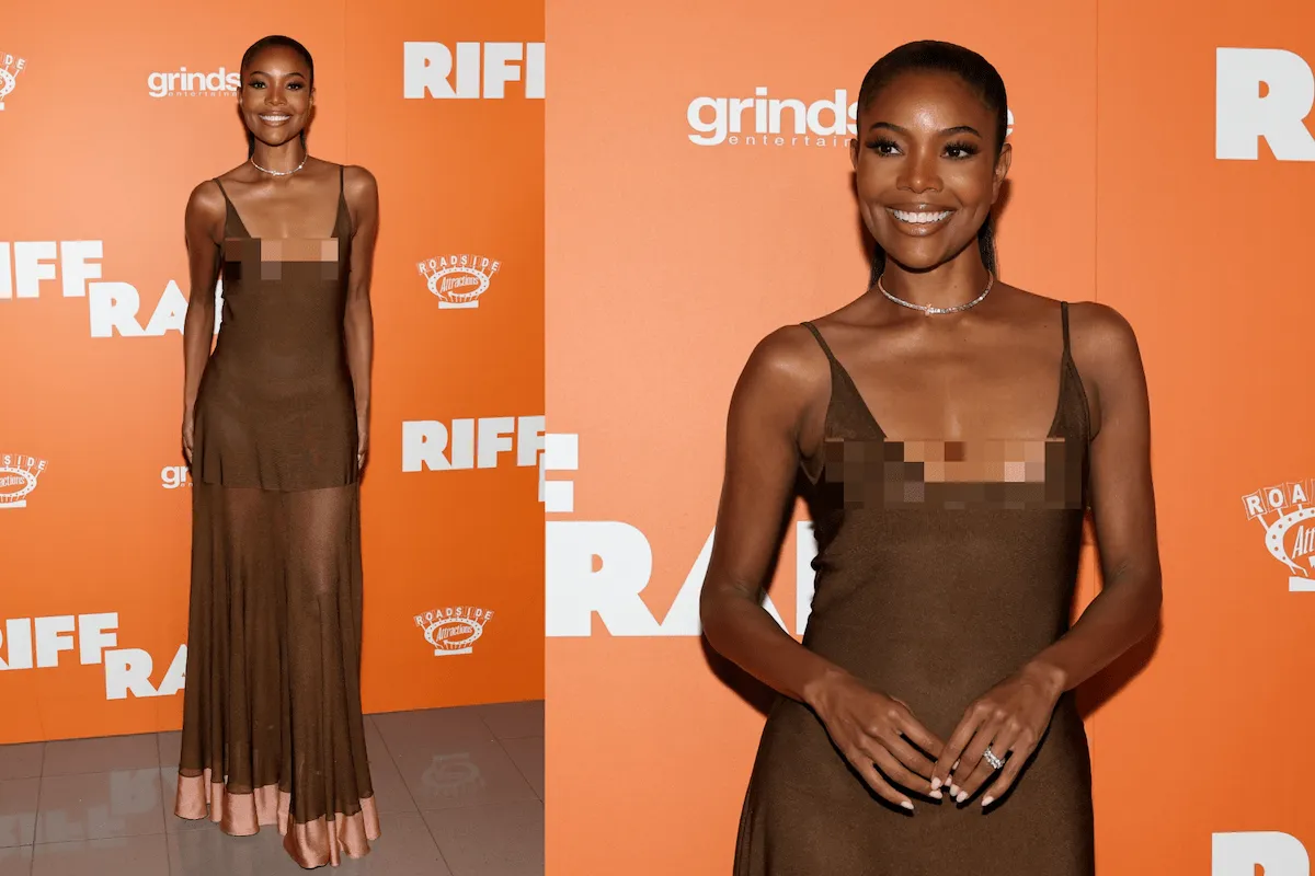 Wearing a completely sheer brown dress, Gabrielle Union smiles for cameras at a special screening of Riff Raff