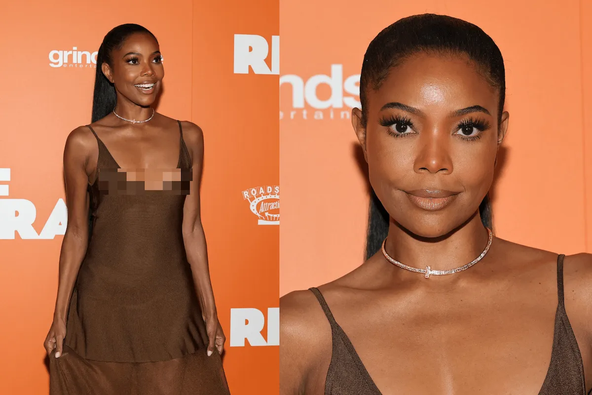 Wearing a completely sheer brown dress, Gabrielle Union smiles for cameras at a special screening of Riff Raff