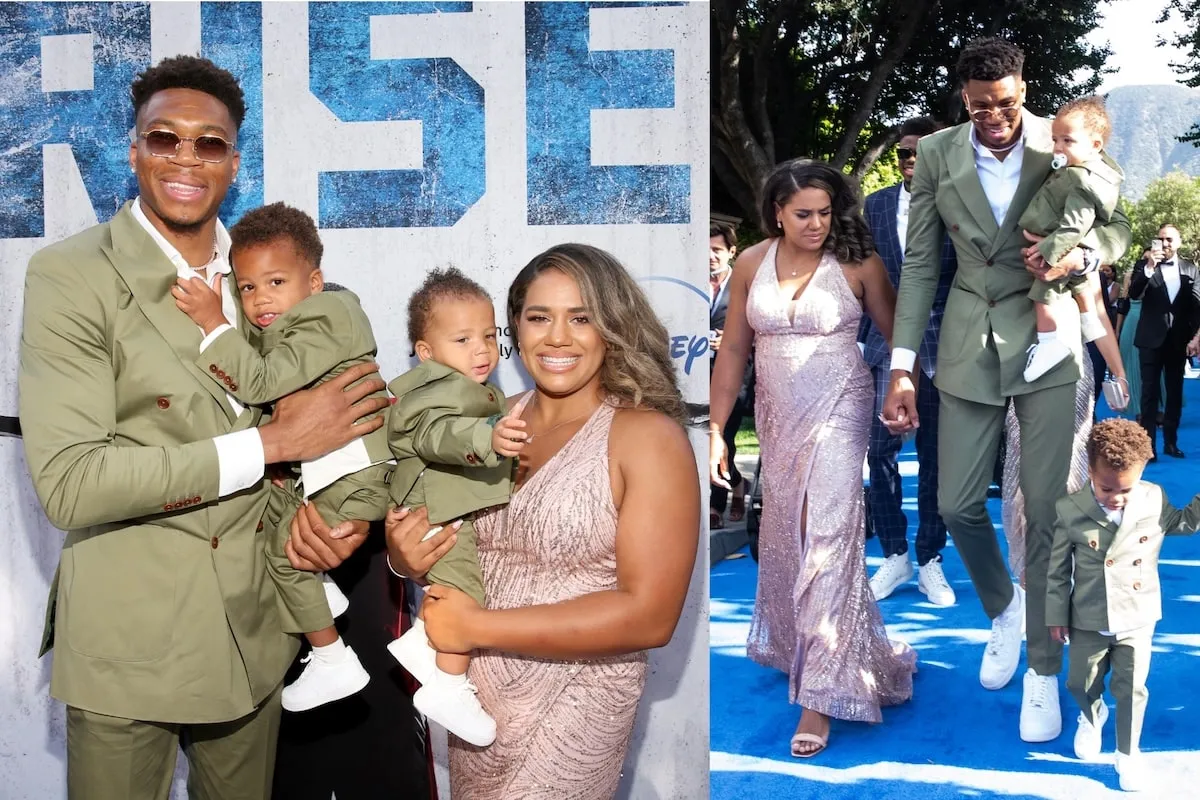 All dressed up, Giannis Antetokounmpo and Mariah Riddlesprigger hold their two sons at a Disney event in 2022