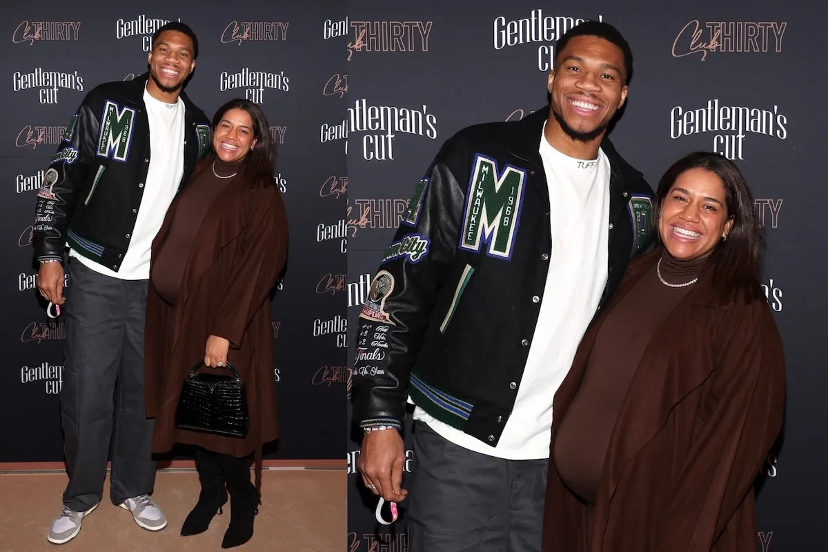 Mariah and Giannis Antetokounmpo smile together at a bourbon party, with Mariah looking visibly pregnant